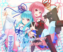 Rule 34 | 2girls, absurdres, anniversary, black footwear, black shirt, black sleeves, blue footwear, blue hair, blue ribbon, blue thighhighs, blunt bangs, boots, detached sleeves, hair ribbon, happy birthday, highres, knee boots, knees up, kotonoha akane, kotonoha aoi, looking at viewer, multiple girls, one eye closed, open mouth, outstretched arms, pink eyes, pink hair, pink legwear, red ribbon, ribbon, shirt, shirua (s4-42424), siblings, sidelocks, sisters, sitting, sleeveless, sleeveless shirt, smile, thighhighs, voiceroid, w, white shirt, white sleeves, wide sleeves