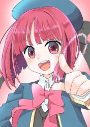 Rule 34 | 1girl, arima kana, asami, beret, blue hat, blue jacket, bob cut, happy, hat, hat ribbon, inverted bob, jacket, looking at viewer, open mouth, oshi no ko, pink background, pink ribbon, red eyes, red hair, ribbon, school uniform, short hair, simple background, smile, solo, upper body, youtou high school uniform