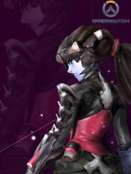Rule 34 | 1girl, absurdres, alternate hairstyle, armor, bodysuit, colored skin, copyright name, cowboy shot, dreadlocks, emblem, from behind, gauntlets, hair ornament, head-mounted display, highres, lips, logo, long hair, noire widowmaker, official alternate costume, overwatch, overwatch 1, parted lips, pauldrons, ponytail, purple lips, purple skin, ribbed bodysuit, shoulder armor, solo, string, turtleneck, widowmaker (overwatch), windowsill, yellow eyes