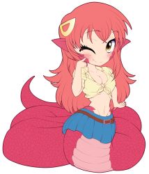 Rule 34 | 10s, 1girl, belt, blush, breasts, chibi, cleavage, fang, front-tie top, hair ornament, hairclip, highres, lamia, large breasts, long hair, looking at viewer, midriff, miia (monster musume), miniskirt, monster girl, monster musume no iru nichijou, navel, one eye closed, pleated skirt, pointy ears, red hair, scales, shirt, skirt, slit pupils, smile, solo, staticwave, tied shirt, very long hair, yellow eyes