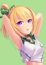 Rule 34 | 1girl, absurdres, armpits, arms behind head, arms up, blonde hair, blush, breasts, chloe (princess connect!), chloe (school festival) (princess connect!), green background, highres, long hair, looking at viewer, medium breasts, midriff, open mouth, pointy ears, ponytail, princess connect!, purple eyes, shirt, sidelocks, sleeveless, sleeveless shirt, solo, tied shirt, upsilon3219, white shirt
