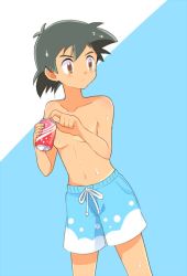 Rule 34 | 1boy, ash ketchum, bad id, bad pixiv id, black hair, blue male swimwear, blue swim trunks, brown eyes, bubble print, can, cowboy shot, creatures (company), drawstring, drink, drink can, game freak, holding, holding drink, looking to the side, male focus, male swimwear, mei (maysroom), nintendo, pokemon, pokemon (anime), soda can, solo, spiked hair, standing, sweat, swim trunks, swimsuit, tagme, topless male, two-tone background, water drop, white background