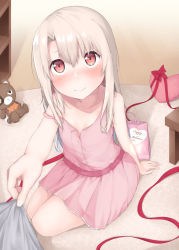 Rule 34 | 1girl, bare shoulders, blush, collarbone, commentary request, dress, fate/kaleid liner prisma illya, fate (series), female focus, happy valentine, heart, heart-shaped pillow, illyasviel von einzbern, kneeling, long hair, looking at viewer, on ground, pillow, pink dress, red eyes, seven d3t, solo, solo focus, stuffed animal, stuffed toy, teddy bear, valentine