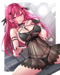 Rule 34 | 1girl, arm strap, bare shoulders, between breasts, black bra, black choker, black panties, bra, breasts, cameltoe, chemise, chest harness, choker, cleavage, cleft of venus, crotch seam, demon girl, baobhan sith (fate), fate (series), haishiki, harness, highres, large breasts, lingerie, long hair, looking at viewer, nail polish, naughty face, navel, original, panties, pink eyes, pink hair, pointy ears, see-through, sitting, smile, solo, spread legs, stomach, string bra, string panties, thighs, tongue, tongue out, underwear, underwear only
