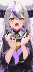 Rule 34 | 1girl, ahoge, black choker, black coat, brown eyes, choker, coat, commentary request, double-parted bangs, fangs, grey hair, highres, hololive, la+ darknesss, long hair, long sleeves, looking at viewer, multicolored hair, open mouth, purple hair, shirt, solo, streaked hair, thomas 8000, upper body, very long hair, virtual youtuber, white shirt