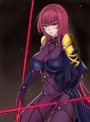 Rule 34 | 1girl, akira (yuibnm71), armor, blush, bodysuit, breasts, closed mouth, covered navel, cowboy shot, dual wielding, fate/grand order, fate (series), from side, gae bolg (fate), highres, holding, holding weapon, large breasts, long hair, looking at viewer, looking to the side, pauldrons, purple bodysuit, purple hair, red eyes, scathach (fate), shoulder armor, smile, solo, very long hair, weapon