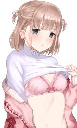 Rule 34 | 1girl, :t, absurdres, blue eyes, blush, bow, bow bra, bra, breasts, clothes lift, earrings, half updo, high collar, highres, idolmaster, idolmaster shiny colors, jacket, jewelry, kakeru (fujiwara kakeru), lace, lace-trimmed bra, lace trim, lifted by self, looking at viewer, midriff, navel, pink bra, pink jacket, pout, ring pull, scrunchie, serizawa asahi, shirt, shirt lift, short twintails, simple background, small breasts, twintails, two side up, underwear, white shirt