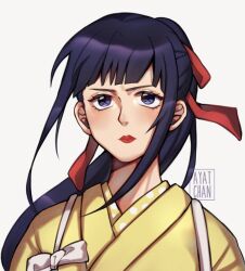 Rule 34 | 1boy, ayat chan, blue eyes, blue hair, blunt bangs, close-up, commentary, dark blue hair, hair ribbon, highres, japanese clothes, kikunojo (one piece), kimono, looking up, male focus, one piece, ponytail, red lips, red ribbon, ribbon, sidelocks, simple background, solo, upper body, watermark, white background, yellow kimono