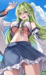 Rule 34 | 1girl, blue skirt, blue sky, breasts, cloud, detached sleeves, frog hair ornament, green eyes, green hair, green nails, hair ornament, highres, kochiya sanae, large breasts, long hair, looking at viewer, mahoro (minase mahoro), navel, open mouth, outdoors, shirt, skirt, sky, solo, touhou, underboob, white shirt