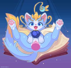 Rule 34 | 1girl, ahoge, animal hands, animated, animated gif, anus, blue eyes, blue sclera, blush, blush stickers, book, cat, clitoral hood, clitoris, closed eyes, colored sclera, cum, cum in pussy, cum pool, disembodied penis, ejaculation, eyebrows, fangs, fur trim, furry, gradient background, happy, happy sex, kemocamotli, league of legends, legs up, looking down, lube, lying, nude, on back, open mouth, orgasm, pawpads, penis, pixel art, sex, smile, sparkle, spread legs, stomach bulge, tail, uncensored, vaginal, whiskers, yuumi (league of legends)