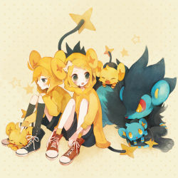 Rule 34 | 00s, 1boy, 1girl, ^ ^, alternate color, animal ears, bad id, bad pixiv id, black socks, closed eyes, costume, creatures (company), crossover, fake animal ears, game freak, gen 4 pokemon, headpat, kagamine len, kagamine rin, kneehighs, luxray, nintendo, parted bangs, pechika, pokemon, pokemon (creature), pokemon dppt, shinx, shiny and normal, shiny pokemon, sitting, socks, vocaloid, yellow background