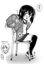 Rule 34 | 1girl, :d, atte nanakusa, backpack, bag, blush, chair, child, from side, greyscale, jacket, legs together, looking at viewer, miniskirt, monochrome, on chair, open clothes, open jacket, open mouth, original, over-kneehighs, randoseru, school chair, school uniform, shirt, simple background, skirt, smile, socks, solo, thighhighs, white background