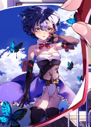 Rule 34 | 1girl, absurdres, armpits, bare shoulders, black gloves, blue eyes, blue hair, blue sky, boots, bow, bowtie, bug, butterfly, cloud, commentary request, detached collar, elbow gloves, unworn eyewear, fingernails, frilled skirt, frills, glasses, gloves, highres, holding, holding removed eyewear, insect, leotard, looking at viewer, mole, mole under eye, original, puni (punycolors), shedding, short hair, skirt, sky, solo, thigh boots, thighs