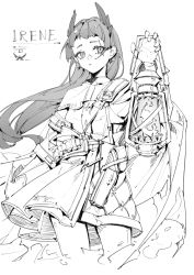 Rule 34 | 1girl, absurdres, areaaaron, arknights, bandolier, cape, character name, closed mouth, cowboy shot, dress, earrings, floating hair, greyscale, highres, holding, holding lantern, holster, horns, irene (arknights), jewelry, lantern, long hair, looking at viewer, monochrome, short dress, simple background, solo, very long hair, white background