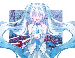 Rule 34 | 1girl, bare shoulders, bare tree, blue hair, blue necktie, blurry, blurry background, border, bridge, chromatic aberration, closed eyes, commentary, cowboy shot, cupping hands, detached sleeves, facing viewer, glowing, grey skirt, grey sleeves, hair ornament, hatsune miku, headset, highres, light blue hair, light blush, long hair, necktie, open mouth, own hands together, photo background, rashu kaito, shirt, skirt, sleeveless, sleeveless shirt, smile, snow, snowflake print, snowflakes, solo, tie clip, tree, twintails, very long hair, vocaloid, white border, white shirt, winter, yuki miku, yuki miku (2010)