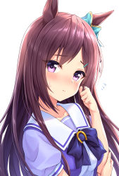 Rule 34 | 1girl, animal ears, black bow, blue bow, blush, bow, breasts, brown hair, closed mouth, commentary request, ear bow, flying sweatdrops, hair ornament, twirling hair, hairclip, highres, horse ears, long hair, looking at viewer, medium breasts, mejiro dober (umamusume), puffy short sleeves, puffy sleeves, purple eyes, purple shirt, school uniform, shirt, short sleeves, simple background, solo, sweat, tomo (tmtm mf mf), tracen school uniform, umamusume, upper body, very long hair, white background
