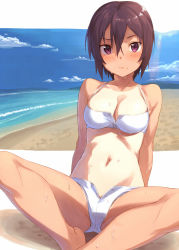 Rule 34 | 1girl, arm support, arms behind back, bad id, bad pixiv id, bare shoulders, barefoot, beach, bikini, blush, breasts, character request, cleavage, cloud, collarbone, day, eyebrows, hair between eyes, kinta (distortion), leaning back, looking at viewer, medium breasts, navel, one-piece tan, open fly, original, outdoors, purple eyes, sand, short hair, sitting, sky, solo, spread legs, swimsuit, tan, tanline, unbuttoned, waves, wavy mouth, wet