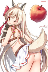 Rule 34 | 1girl, ;3, ahoge, animal ear fluff, animal ears, apple, ass, black gloves, blush, bow, brown eyes, closed mouth, food, fruit, fur-trimmed sleeves, fur trim, gloves, hair bow, hand up, index finger raised, light brown hair, lima (princess connect!), long hair, looking at viewer, looking back, mauve, no panties, one eye closed, pleated skirt, princess connect!, red apple, red bow, see-through, simple background, skirt, solo, tail, twitter username, very long hair, white background, white skirt