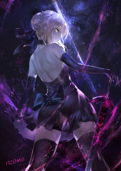Rule 34 | 1girl, artoria pendragon (all), artoria pendragon (fate), ass, azomo, back, bare shoulders, black dress, black gloves, black ribbon, black thighhighs, blonde hair, braid, breasts, dark persona, dress, elbow gloves, excalibur morgan (fate), fate/stay night, fate (series), french braid, gloves, hair bun, hair ribbon, highres, holding, holding sword, holding weapon, long hair, looking at viewer, looking back, pale skin, ribbon, saber alter, sidelocks, single hair bun, small breasts, solo, sword, thighhighs, thighs, weapon, yellow eyes