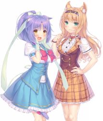 Rule 34 | 2girls, :d, animal ear fluff, animal ears, bell, blonde hair, blush, bow, cat ears, cat girl, center frills, cinnamon (nekopara), commentary request, curly hair, frilled skirt, frills, gloves, green eyes, hair ribbon, hand on own hip, hands on own cheeks, hands on own face, highres, jingle bell, long hair, maple (nekopara), multiple girls, neck bell, nekopara, official art, open mouth, plaid, plaid skirt, ponytail, puffy short sleeves, puffy sleeves, purple hair, ribbon, sayori (neko works), short hair, short sleeves, sidelocks, simple background, skirt, slit pupils, smile, tail, tail bow, tail ornament, wavy mouth, white background, yellow eyes