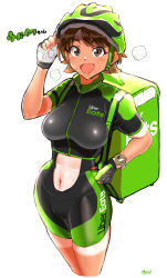 Rule 34 | 1girl, :d, abs, adjusting clothes, adjusting headwear, backpack, bag, bicycle helmet, bike jersey, bike shorts, black gloves, blush, breasts, brown eyes, brown hair, cowboy shot, female focus, fingerless gloves, gloves, green headwear, hand on own hip, helmet, highres, kilesha, large breasts, looking at viewer, midriff, multicolored clothes, multicolored gloves, navel, open mouth, orange hair, original, short hair, signature, simple background, smile, solo, sportswear, standing, sweat, tan, tanline, tomboy, uber eats, watch, white background, white gloves, wristwatch, zipper, zipper pull tab