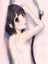 Rule 34 | 1girl, :o, against wall, bath, black hair, blunt bangs, blurry, blush, breasts, brown eyes, depth of field, dripping, from behind, from side, hose, looking at viewer, looking back, nude, open mouth, original, phazer, pov, shower curtain, showering, sidelocks, small breasts, solo, tile wall, tiles, upper body, water, wet, wet hair