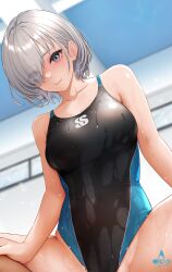 Rule 34 | 1girl, 1other, bare arms, bare shoulders, blush, breasts, closed mouth, collarbone, competition swimsuit, grey eyes, grey hair, highres, implied sex, infinote, large breasts, looking at viewer, one-piece swimsuit, original, paid reward available, sashou mihiro, short hair, solo focus, spread legs, swimsuit, two-tone swimsuit, wet
