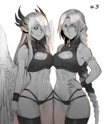 Rule 34 | 2girls, absurdres, angel wings, armband, bare shoulders, black sclera, braid, breasts, cleavage, cleavage cutout, clothing cutout, colored sclera, cowboy shot, demon girl, demon horns, greyscale, hair over one eye, hand on own hip, highres, horns, less, long hair, looking at viewer, monochrome, multiple girls, navel, original, pointy ears, saphru (less), simple background, single thighhigh, sleeveless, smile, thighhighs, very long hair, white background, wings, wristband