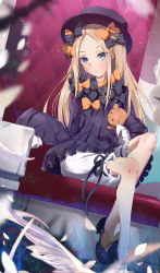 Rule 34 | 1girl, abigail williams (fate), absurdres, armchair, bad id, bad pixiv id, black bow, black dress, black footwear, black hat, blonde hair, bloomers, blue eyes, blush, bow, bug, butterfly, chair, closed mouth, commentary request, drawdream1025, dress, fate/grand order, fate (series), forehead, hair bow, hat, highres, hugging object, insect, long hair, long sleeves, looking at viewer, multiple hair bows, on chair, orange bow, parted bangs, polka dot, polka dot bow, shoes, sitting, sleeves past fingers, sleeves past wrists, solo, stuffed animal, stuffed toy, teddy bear, underwear, very long hair, white bloomers