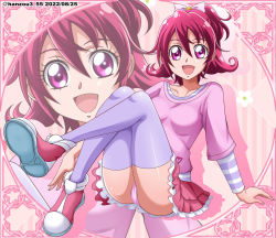 Rule 34 | 1girl, aida mana, breasts, collarbone, dated, dokidoki! precure, frilled skirt, frills, hanzou, highres, looking at viewer, medium breasts, open mouth, panties, pantyshot, pink background, pink footwear, pink panties, pink shirt, pink skirt, precure, purple thighhighs, red hair, shirt, shoe soles, sitting, skirt, small breasts, smile, solo, thighhighs, twitter username, underwear, zoom layer