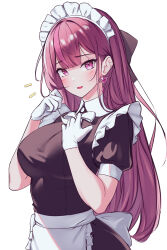 Rule 34 | 1girl, absurdres, alternate costume, apron, black bow, black dress, blush, bow, breasts, brown hair, collared dress, commentary request, dress, earrings, enmaided, frilled apron, frills, gloves, hair bow, hand on own chest, heart, heart earrings, highres, jewelry, jururu, korean commentary, large breasts, long hair, looking at viewer, maid, maid headdress, multicolored hair, notice lines, parted lips, puffy short sleeves, puffy sleeves, purple eyes, purple hair, short sleeves, simple background, smile, solo, streaked hair, sundance0218, virtual youtuber, waktaverse, white apron, white background, white gloves