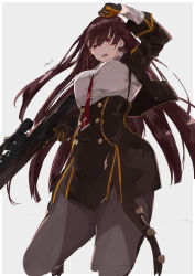 Rule 34 | 1girl, black gloves, black jacket, black pantyhose, black skirt, breasts, bullpup, from below, girls&#039; frontline, gloves, gun, highres, jacket, long hair, looking at viewer, medium breasts, necktie, open mouth, pantyhose, purple hair, red eyes, red necktie, rifle, shirt, skirt, sniper rifle, solo, suspender skirt, suspenders, sutekina awa, wa2000 (girls&#039; frontline), walther, walther wa 2000, weapon, white background, white shirt