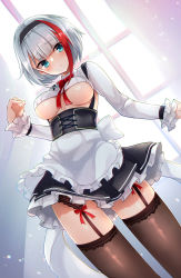 Rule 34 | 1girl, admiral graf spee (azur lane), alternate costume, apron, aqua eyes, azur lane, black hairband, black skirt, blouse, blush, bow, bowtie, breasts, breasts apart, brown thighhighs, closed mouth, commentary request, cowboy shot, crop top, dutch angle, enmaided, frilled apron, frilled skirt, frilled sleeves, frills, garter belt, garter straps, hairband, hand up, head tilt, highres, long sleeves, looking at viewer, maid, maid apron, medium breasts, miniskirt, multicolored hair, osisio, red bow, red bowtie, red hair, shirt, short hair, silver hair, skirt, solo, standing, streaked hair, thighhighs, underboob, underbust, white apron, white shirt, zettai ryouiki
