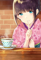 Rule 34 | 1girl, black hair, blue eyes, blurry, blurry background, blush, braid, brick wall, coffee, coffee wo shizuka ni, commentary request, cup, depth of field, finger to mouth, floral print, hands up, indoors, japanese clothes, kimono, miyabi akino, mole, mole under eye, obi, parted lips, pink kimono, print kimono, sash, saucer, shizuka (coffee wo shizuka ni), shushing, solo, steam, upper body