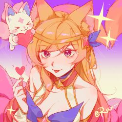 Rule 34 | &gt; &lt;, 1girl, :3, :p, absurdres, ahri (league of legends), animal ear fluff, animal ears, artist name, bare shoulders, blonde hair, blue bow, blue bowtie, blush, bow, bowtie, breasts, collarbone, finger heart, fox ears, fox tail, gradient background, hair ornament, heart, highres, large breasts, league of legends, long hair, pink eyes, pink hair, portrait, ruan chen yue, smile, star guardian (league of legends), star guardian ahri, tail, tongue, tongue out, wrist cuffs