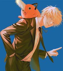 Rule 34 | 1boy, am88121, blonde hair, blue background, buttons, chainsaw, chainsaw man, collared shirt, commentary request, denji (chainsaw man), dress shirt, formal, green jacket, green neckwear, green pants, green suit, hand in pocket, highres, jacket, long sleeves, looking at viewer, male focus, necktie, open clothes, open jacket, pants, pochita (chainsaw man), sharp teeth, shirt, shirt tucked in, short hair, simple background, smile, suit, teeth, tongue, tongue out, white shirt, yellow eyes