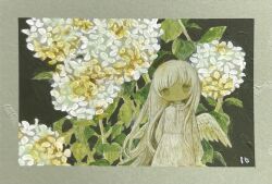 1girl border dress feathered_wings flower highres ju6mei long_hair long_sleeves looking_at_viewer mini_person minigirl original painting_(medium) plant signature solo standing traditional_media upper_body white_flower wings