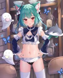 Rule 34 | 1girl, absurdres, animal ear fluff, animal ears, aqua hair, aqua nails, bottle, bug, butterfly, cat ears, detached sleeves, fandead (uruha rushia), ghost, hair ornament, hands on own hips, highres, hololive, hololive fantasy, insect, looking at viewer, maid, medium hair, navel, nekopurin (nyanko prin), open mouth, red eyes, shark, skull hair ornament, solo, thighhighs, uruha rushia, virtual youtuber, white thighhighs
