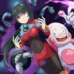Rule 34 | 1girl, bent spoon, black bodysuit, black hair, blunt bangs, bodysuit, breasts, closed mouth, commentary request, creatures (company), crop top, floating, game freak, gastly, gen 1 pokemon, gloves, gym leader, highres, long hair, long sleeves, looking at viewer, mr. mime, nintendo, poke ball, pokemon, pokemon (creature), pokemon frlg, pon yui, red eyes, red skirt, sabrina (pokemon), shaded face, side slit, skirt, spoon, telekinesis, turtleneck, ultra ball, very long hair, white gloves, yellow legwear