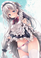 Rule 34 | 1girl, apron, black dress, blue eyes, bow, bowtie, breasts, cameltoe, clothes lift, cowboy shot, dress, dress lift, frilled dress, frills, furrowed brow, hair bow, highres, long hair, looking at viewer, maid, maid apron, maid headdress, medium breasts, navel, original, panties, parted lips, red bow, red bowtie, ryo (botugo), silver hair, solo, standing, tears, thighhighs, underwear, very long hair, white panties, white thighhighs