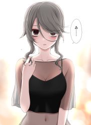 Rule 34 | 1girl, black camisole, blouse, blurry, blurry background, blush, breasts, brown eyes, camisole, cleavage, collarbone, commentary request, grey hair, hair over one eye, ikari manatsu, kurai ano ko to shitai koto, looking at viewer, medium breasts, midriff, navel, parted lips, playing with own hair, see-through, shirt, sidelocks, solo, speech bubble, sasaki touko, translation request, upper body