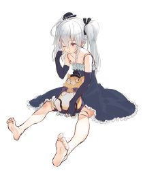 Rule 34 | 1girl, barefoot, circle skirt, doll joints, dress, elbow gloves, feet, gloves, gothic lolita, granblue fantasy, hat, joints, lolita fashion, long hair, mini hat, orchis, ponzu (catponz), silver hair, sitting, soles, stuffed toy, toes, twintails