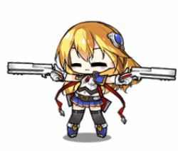 Rule 34 | animated, animated gif, blazblue, blonde hair, bolverk, chibi, crossover, dual wielding, full body, girls&#039; frontline, green eyes, guest character, gun, hair ornament, handgun, holding, lowres, noel vermillion, official art, pistol, simple background, solo, weapon, white background