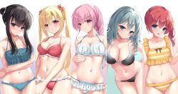 Rule 34 | 5girls, absurdres, ahoge, belly, bikini, black bikini, black eyes, black ribbon, blonde hair, blue background, blue eyes, blue hair, blush, braid, breasts, double bun, flower, frilled bikini, frills, frown, hair between eyes, hair bun, hair flower, hair ornament, hand on own hip, hand on own chest, highres, large breasts, long hair, looking at viewer, medium breasts, multiple girls, navel, ncontrail (mgax7527), open mouth, pink eyes, pink hair, red bikini, red hair, ribbon, riddle joker, simple background, single braid, small breasts, smile, swimsuit, thigh gap, thighs, twintails, v-shaped eyebrows, white bikini, yellow bikini
