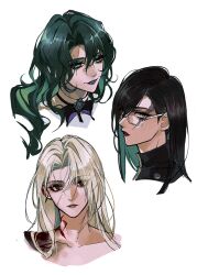 Rule 34 | 3girls, black hair, blonde hair, body markings, collarbone, colored inner hair, colored skin, commentary request, cracked skin, cropped head, facial scar, glasses, gradient skin, green eyes, green hair, green lips, hair over one eye, head only, iron (path to nowhere), long hair, mamaloni, multicolored hair, multiple girls, ninety-nine (path to nowhere), parted lips, path to nowhere, profile, raven (path to nowhere), red eyes, red lips, scar, scar across eye, scar on cheek, scar on face, scar on forehead, simple background, smile, straight hair, white-framed eyewear, white background