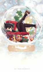 Rule 34 | 1girl, ahoge, ankle boots, arm up, black bow, black hair, black skirt, blue eyes, blurry, blurry background, boots, bow, box, breasts, brown footwear, christmas tree, closed mouth, depth of field, fate/stay night, fate (series), from side, gift, gift box, gingerbread man, hair bow, highres, legs up, long hair, long sleeves, looking at viewer, looking to the side, lying, medium breasts, miniskirt, on back, pleated skirt, red sweater, skirt, smile, snow globe, snowflakes, solo, sweater, thighhighs, tohsaka rin, two side up, very long hair, yaoshi jun