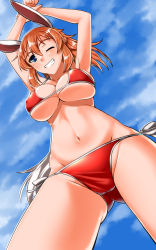 Rule 34 | 1girl, animal ears, bikini, blue eyes, blush, breasts, brown hair, cameltoe, charlotte e. yeager, cloud, cloudy sky, collarbone, covered erect nipples, eyebrows, female focus, grin, groin, highres, hiroshi (hunter-of-kct), large breasts, looking at viewer, looking down, navel, one eye closed, parted lips, rabbit ears, rabbit girl, red bikini, shiny clothes, side-tie bikini bottom, sky, smile, solo, strike witches, swimsuit, teeth, world witches series