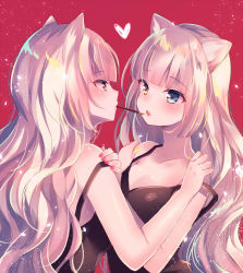 Rule 34 | 2girls, animal ear fluff, animal ears, black dress, blue eyes, blush, breasts, cat ears, collarbone, commentary, commission, dress, english commentary, eye contact, fingernails, food, food in mouth, hands on another&#039;s shoulder, heart, light brown hair, long hair, looking at another, mouth hold, multiple girls, nail polish, nemuri nemu, original, pocky, pocky kiss, profile, red background, red eyes, red nails, shared food, sidelocks, sleeveless, sleeveless dress, small breasts, strap slip, upper body, very long hair, yellow nails, yuri