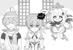 Rule 34 | 1boy, 2girls, aether (genshin impact), ahoge, alph (sancheck), anger vein, angry, bandage over one eye, bandaged ahoge, bandaged arm, bandaged head, bandages, bandaid, bandaid on face, boots, breasts, brother and sister, cleavage, comic, detached sleeves, dress, earrings, english text, flower, genshin impact, greyscale, hair flower, hair ornament, highres, jewelry, long sleeves, lumine (genshin impact), monochrome, multiple girls, open mouth, paimon (genshin impact), sanpaku, scarf, shaded face, short hair, siblings, sidelocks, single earring, small breasts, tsurime, white background