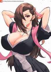 Rule 34 | 1girl, alternate costume, arms behind head, arms up, bleach, breasts, brown eyes, brown hair, cleavage, cosplay, female focus, fire emblem, fire emblem fates, hair over one eye, highres, japanese clothes, jewelry, kagero (fire emblem), large breasts, long hair, looking at viewer, matching hair/eyes, matsumoto rangiku, matsumoto rangiku (cosplay), necklace, nintendo, one eye covered, parted lips, patreon username, smile, solo, watermark, web address, white background, xhaart